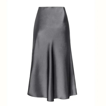 A-Line Satin Look Midi Skirt for Women with Split and High Waist