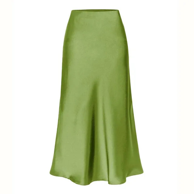 A-Line Satin Look Midi Skirt for Women with Split and High Waist