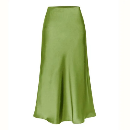 A-Line Satin Look Midi Skirt for Women with Split and High Waist
