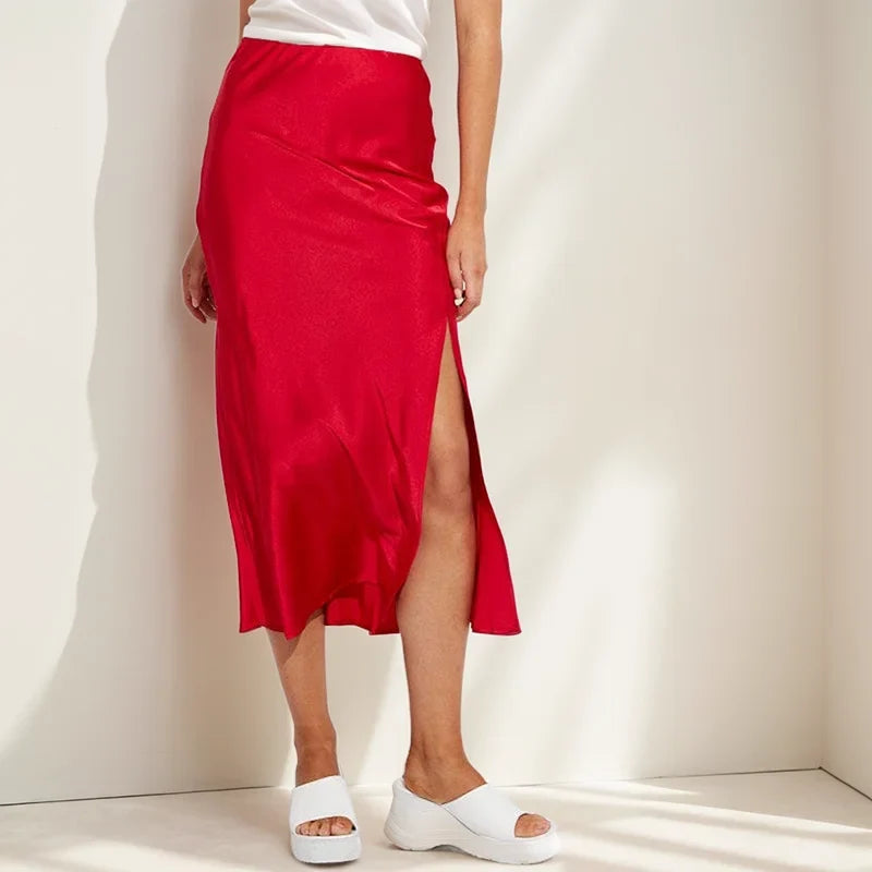 A-Line Satin Look Midi Skirt for Women with Split and High Waist