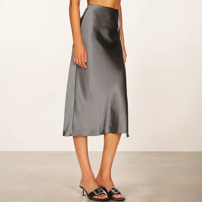 A-Line Satin Look Midi Skirt for Women with Split and High Waist