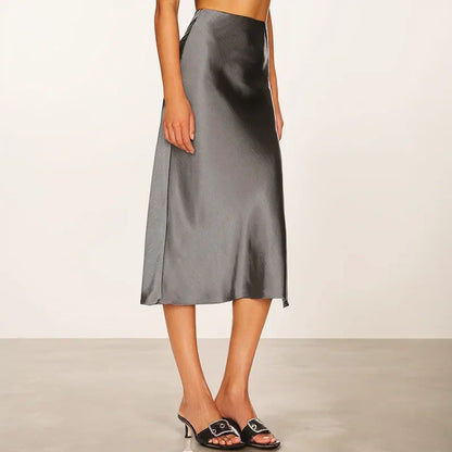 A-Line Satin Look Midi Skirt for Women with Split and High Waist