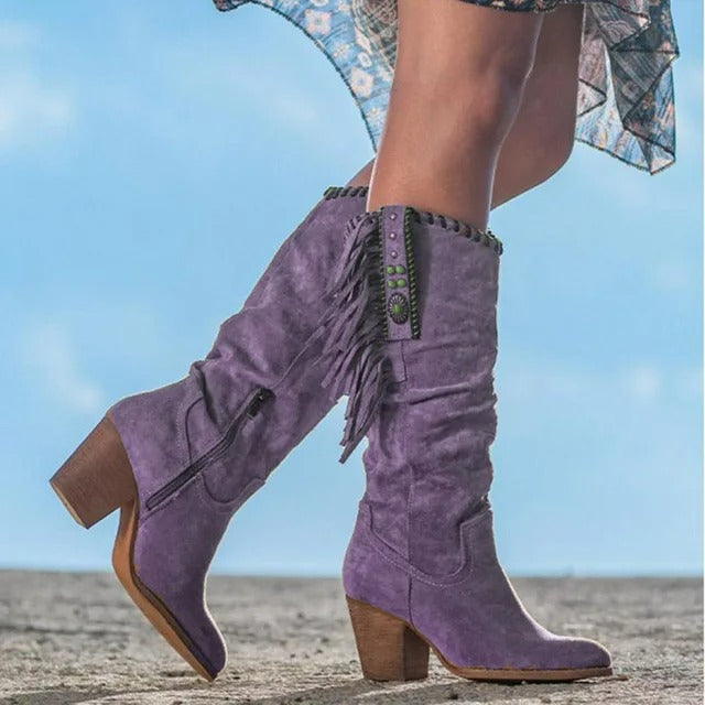 Stivali vintage da donna al ginocchio con nappine - Edith