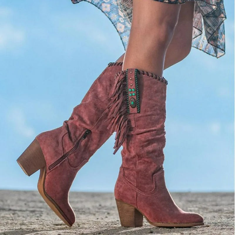 Stivali vintage da donna al ginocchio con nappine - Edith