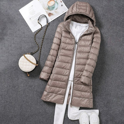 Long Down Jacket with Detachable Hood for Women