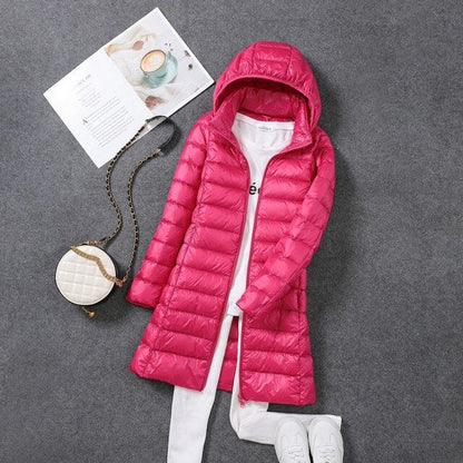 Long Down Jacket with Detachable Hood for Women