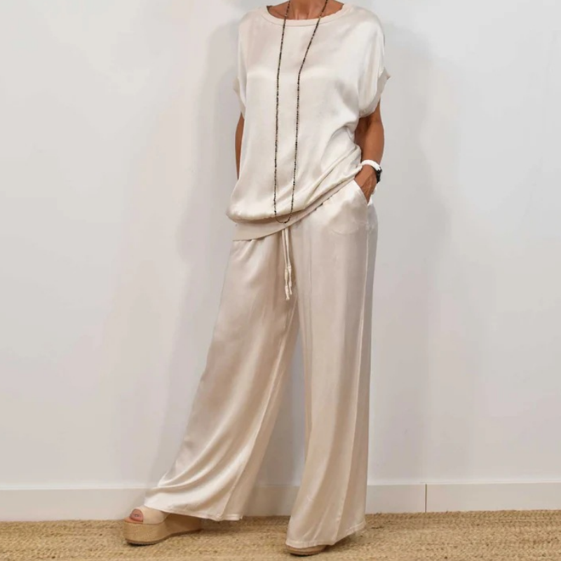 Ladies Two-Piece Satin Set with Top and Wide Trousers
