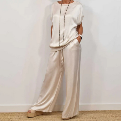 Ladies Two-Piece Satin Set with Top and Wide Trousers