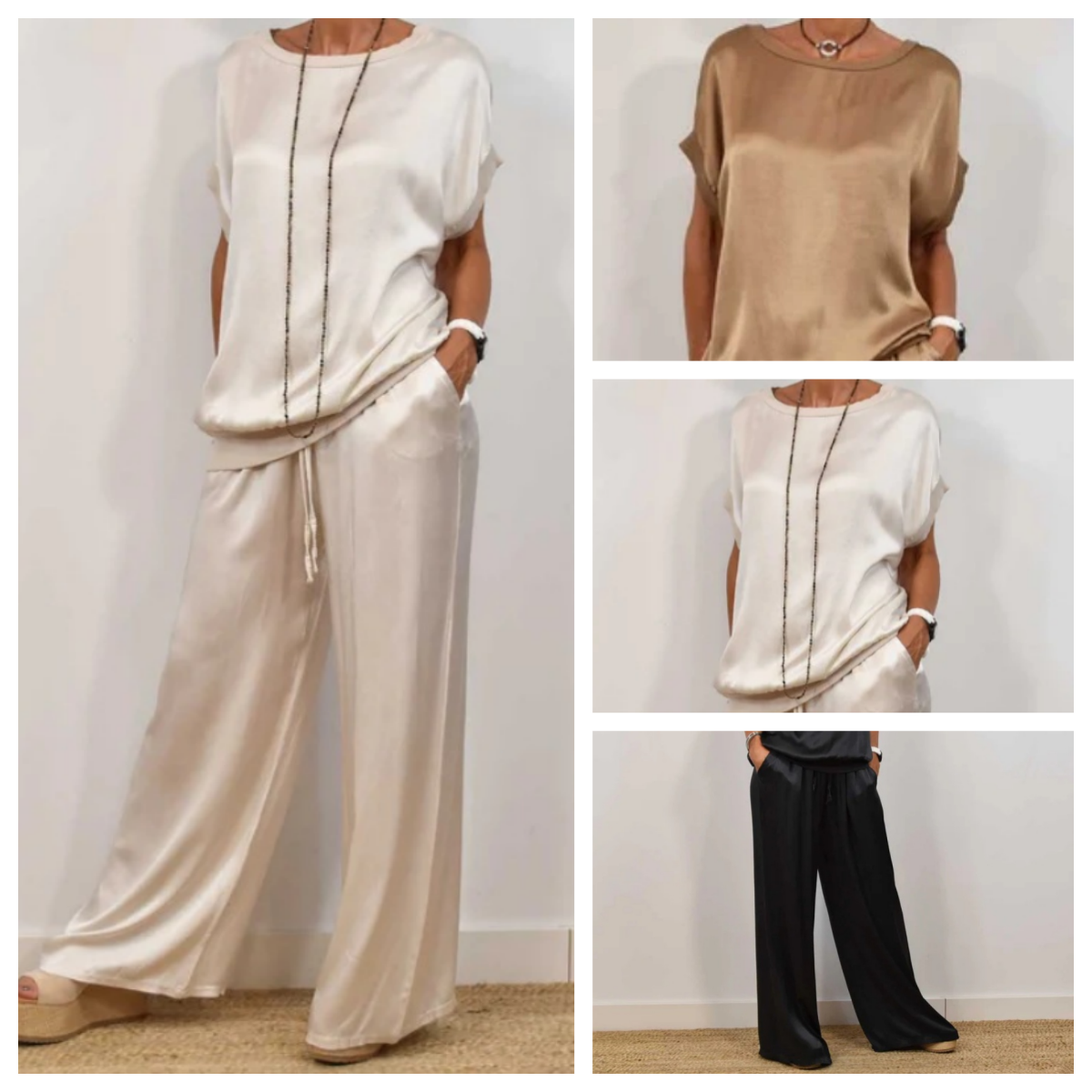 Ladies Two-Piece Satin Set with Top and Wide Trousers