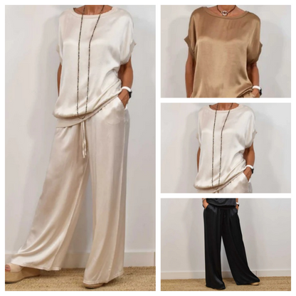 Ladies Two-Piece Satin Set with Top and Wide Trousers