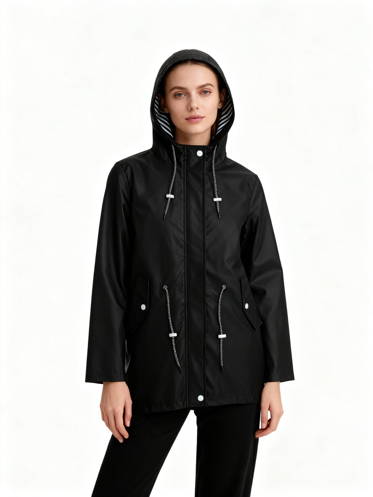 Ladies Water-Repellent Rain Jacket with Hood and Storm Flap