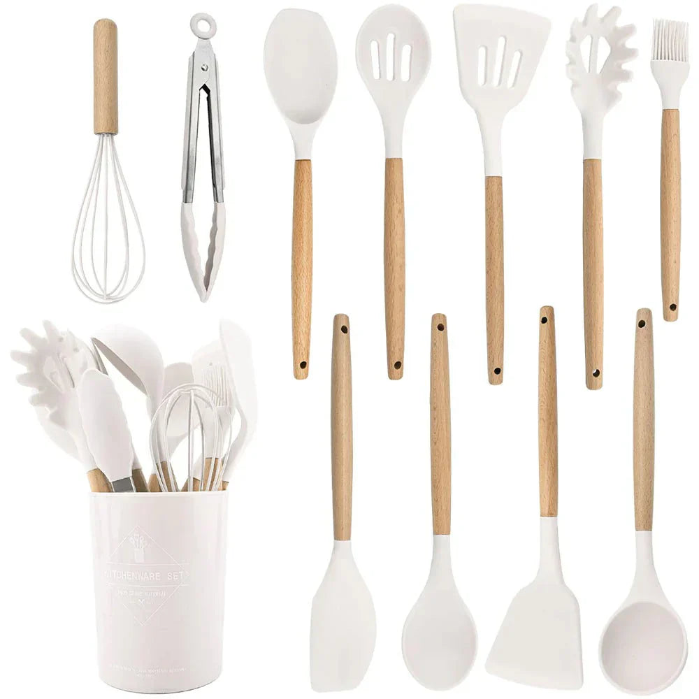 Non-Toxic Silicone Cooking Utensil Set - BPA-Free - Wooden Handles