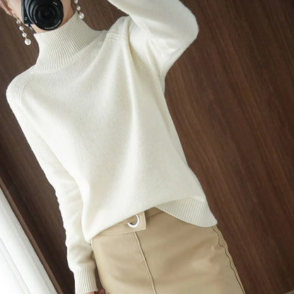 Ladies' Warm Turtleneck Sweater with Flexible Neck and Ribbed Edges