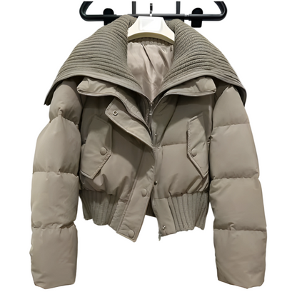Ladies Short Puffer Winter Jacket Quilted with Ribbed Collar