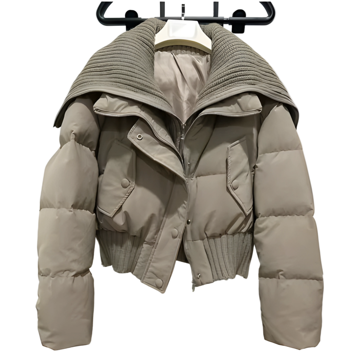 Ladies Short Puffer Winter Jacket Quilted with Ribbed Collar