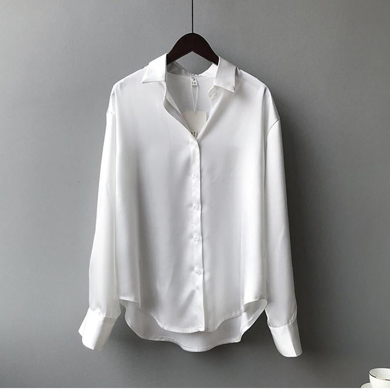 Ladies Glamorous Satin Blouse with Collar and Long Sleeves