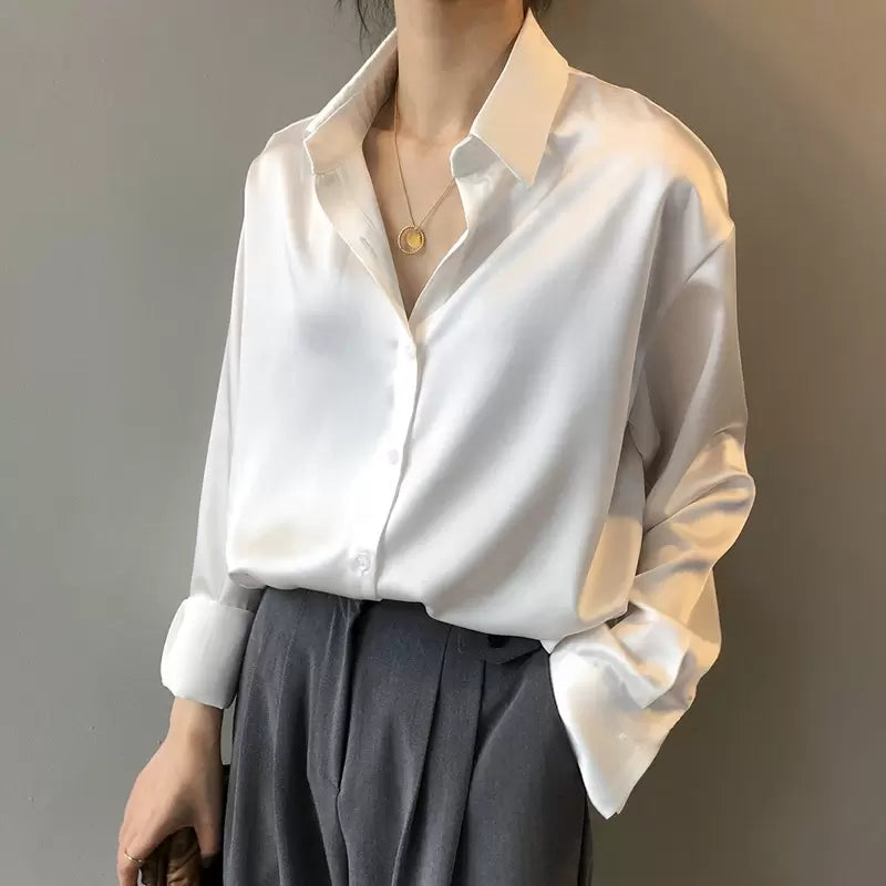 Ladies Glamorous Satin Blouse with Collar and Long Sleeves
