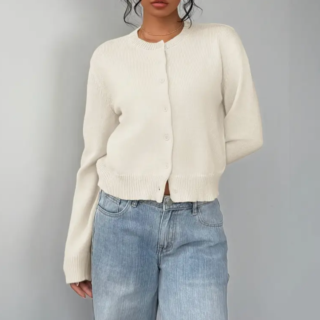 Ladies Elegant Knitted Cardigan with Round Neck and Button Closure