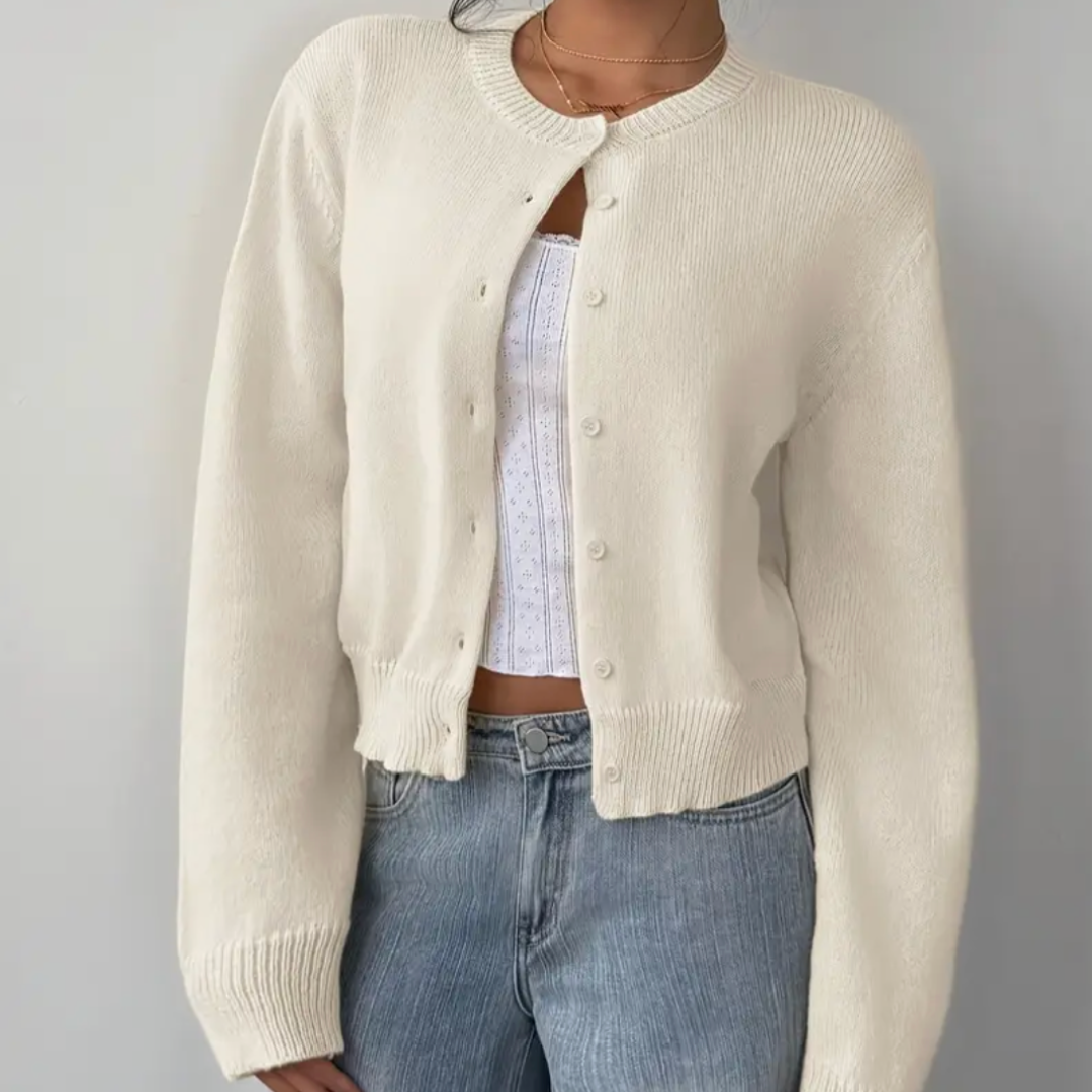 Ladies Elegant Knitted Cardigan with Round Neck and Button Closure