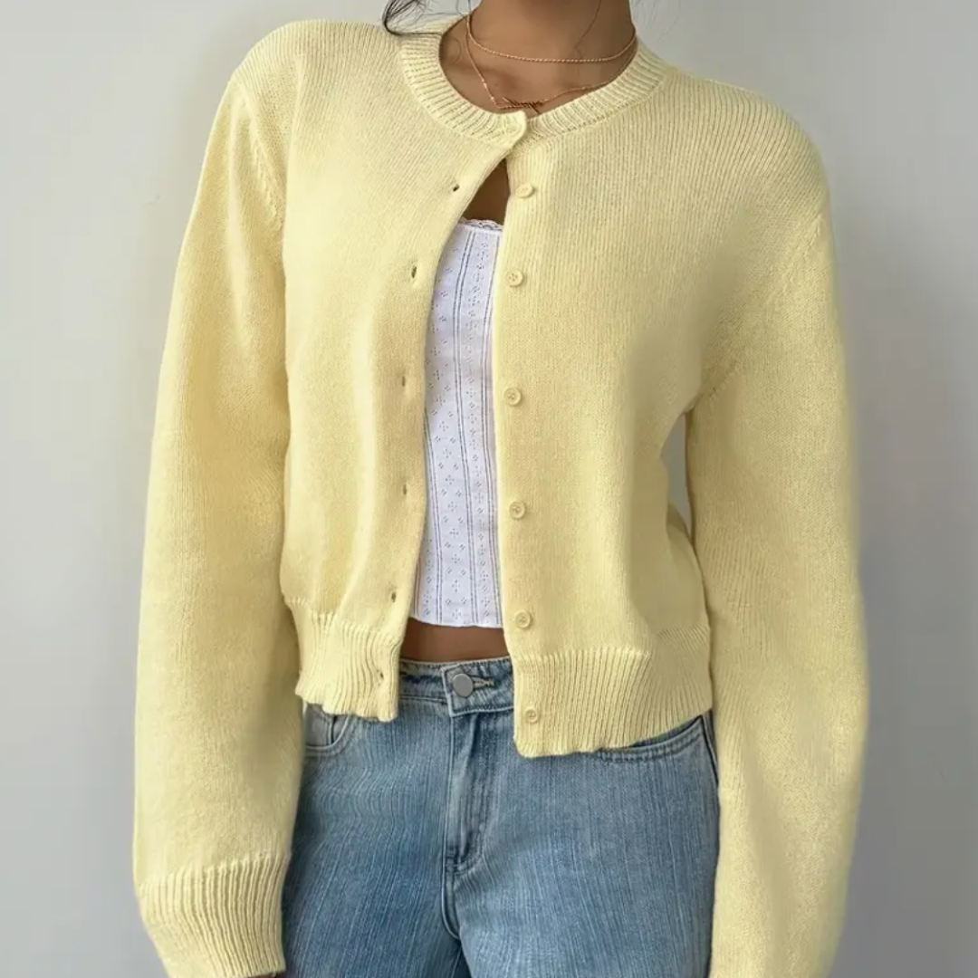 Ladies Elegant Knitted Cardigan with Round Neck and Button Closure