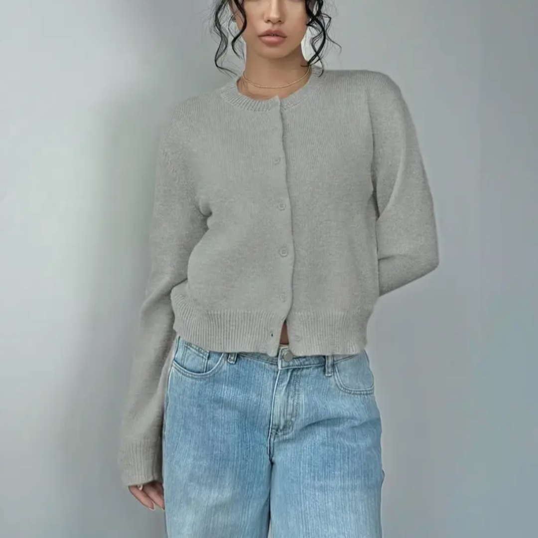 Ladies Elegant Knitted Cardigan with Round Neck and Button Closure