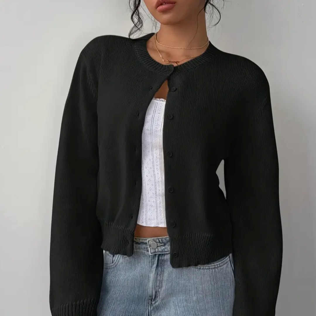 Ladies Elegant Knitted Cardigan with Round Neck and Button Closure