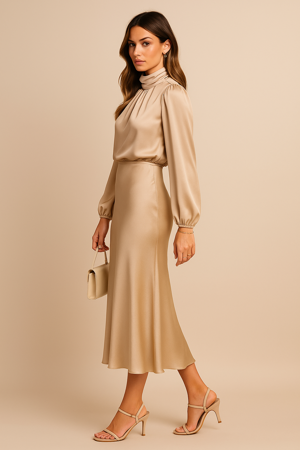 Elegantes Damen-Midikleid mit hohem Kragen und fließendem Schnitt
