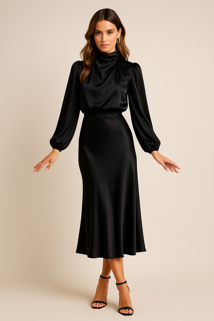 Elegantes Damen-Midikleid mit hohem Kragen und fließendem Schnitt