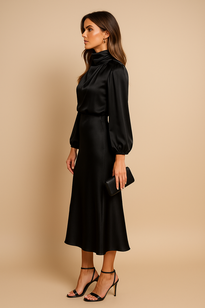 Elegantes Damen-Midikleid mit hohem Kragen und fließendem Schnitt