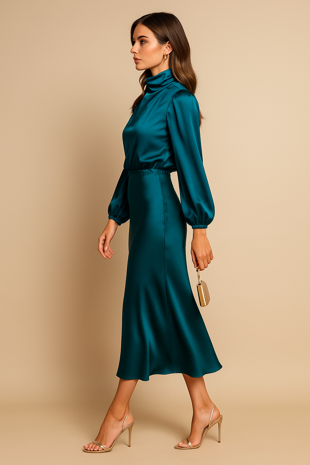 Elegantes Damen-Midikleid mit hohem Kragen und fließendem Schnitt