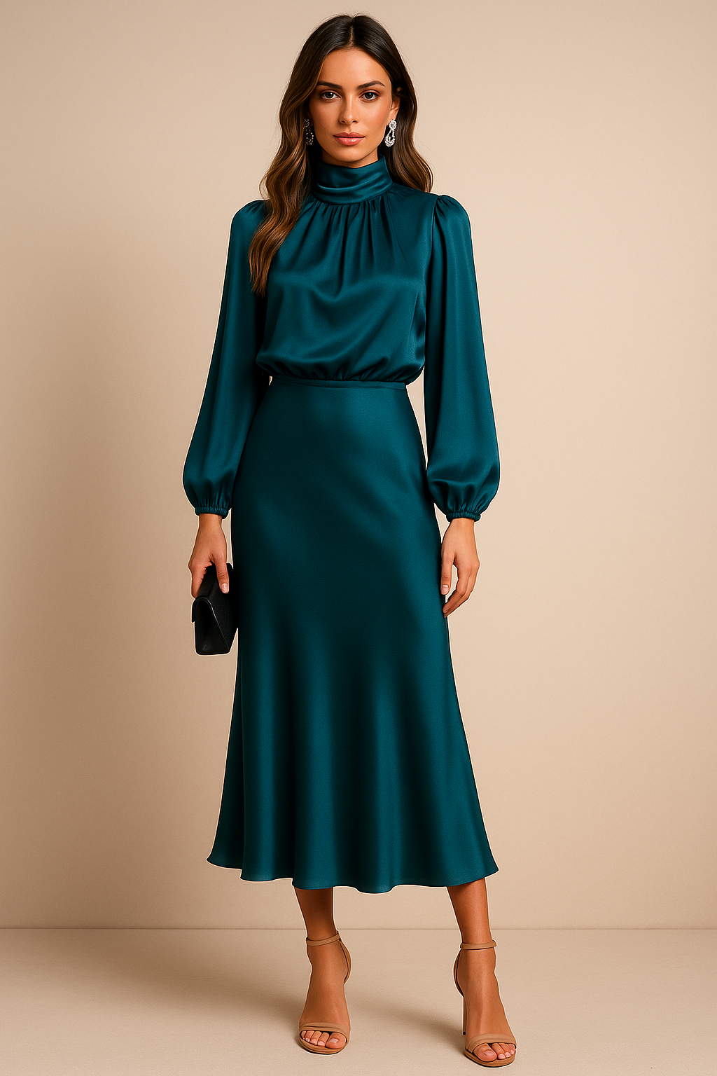 Elegantes Damen-Midikleid mit hohem Kragen und fließendem Schnitt
