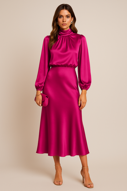 Elegantes Damen-Midikleid mit hohem Kragen und fließendem Schnitt