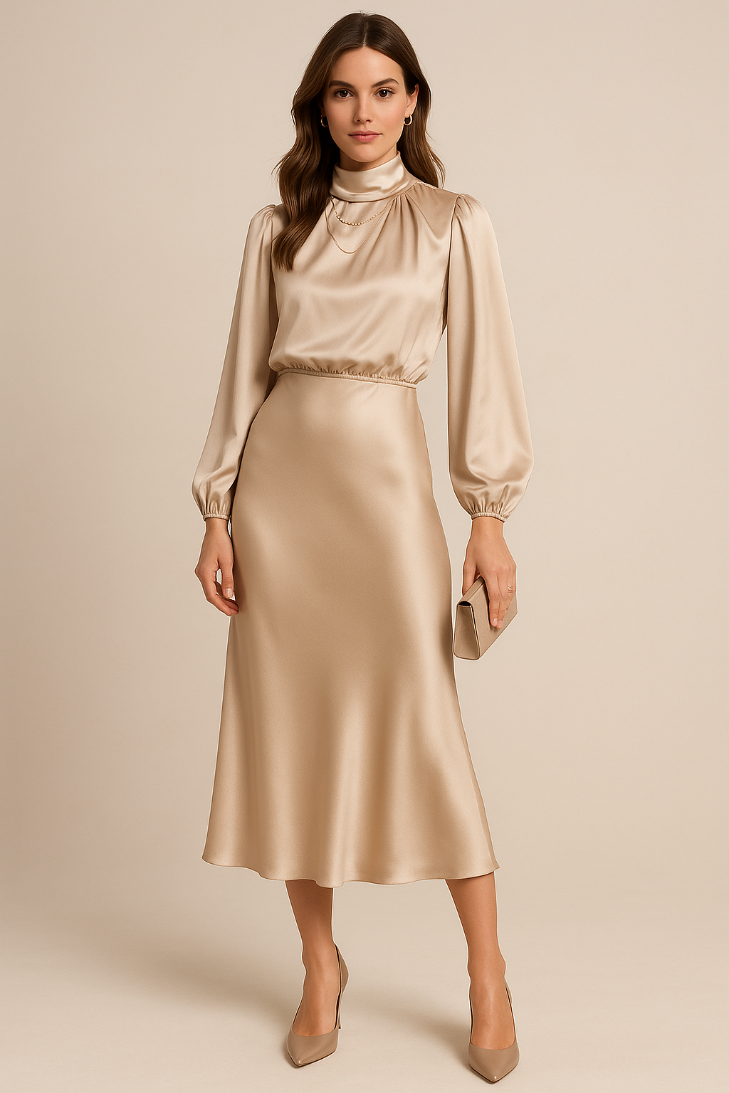 Elegantes Damen-Midikleid mit hohem Kragen und fließendem Schnitt