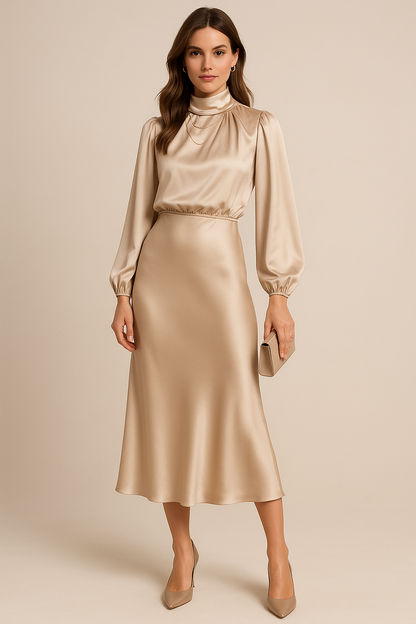 Elegantes Damen-Midikleid mit hohem Kragen und fließendem Schnitt
