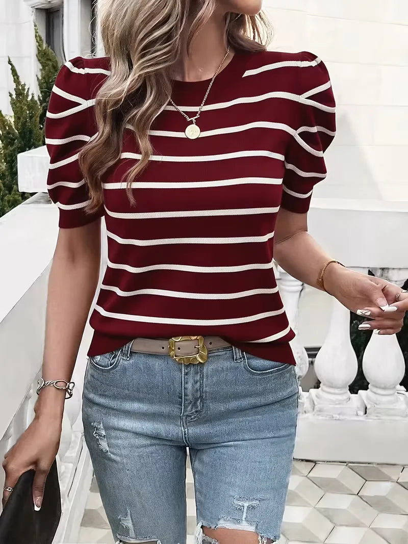 Women's striped T-shirt with puffed sleeves