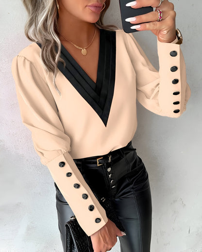 Elegant Ladies' Blouse with V-Neck Colour Block Top with Long Sleeves and Buttons