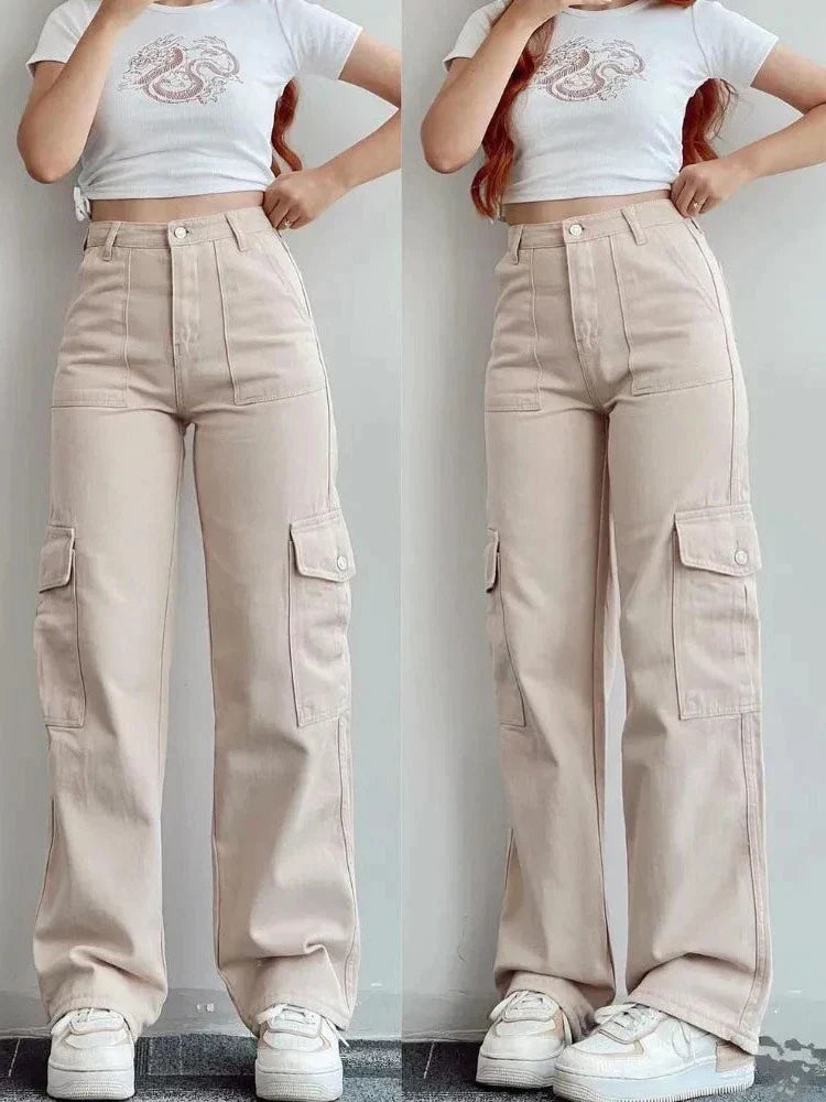 High-Waisted Cargo Trousers for Women with Wide Legs