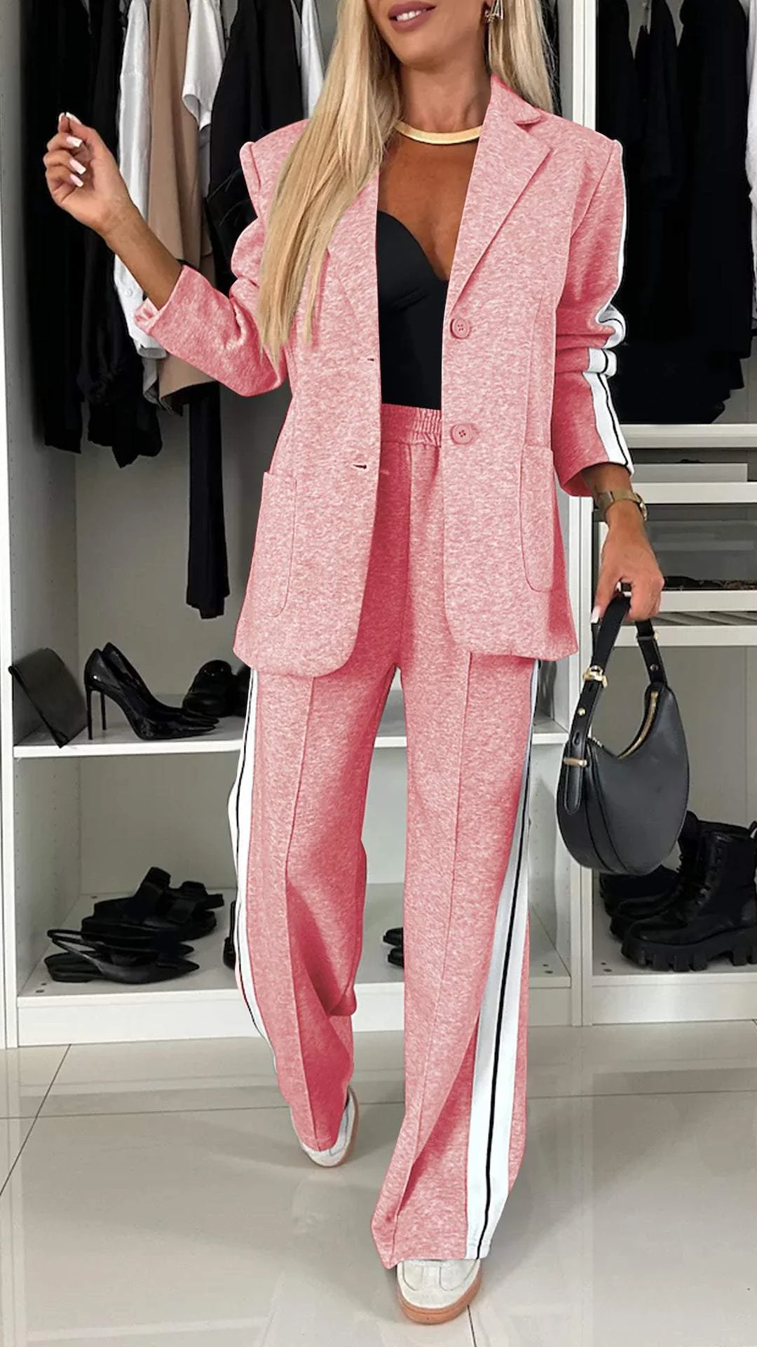 Comfortable Ladies Blazer Set with Wide Trousers and Stripes