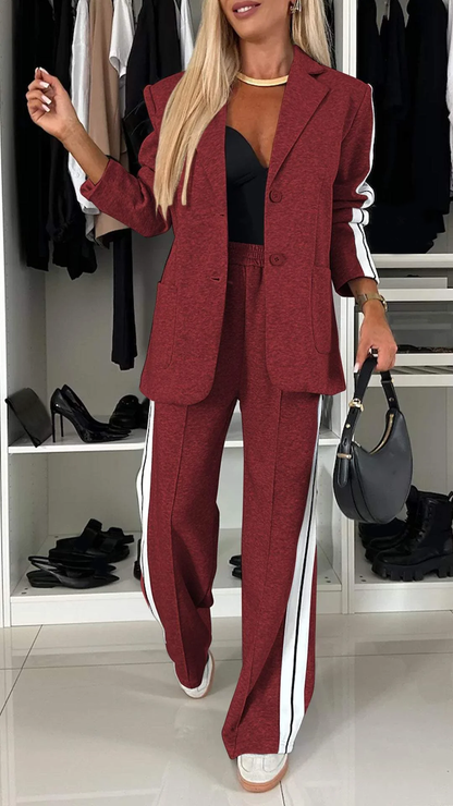 Comfortable Ladies Blazer Set with Wide Trousers and Stripes