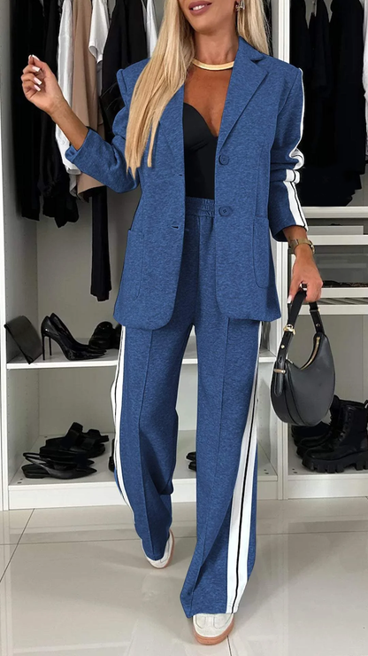 Comfortable Ladies Blazer Set with Wide Trousers and Stripes