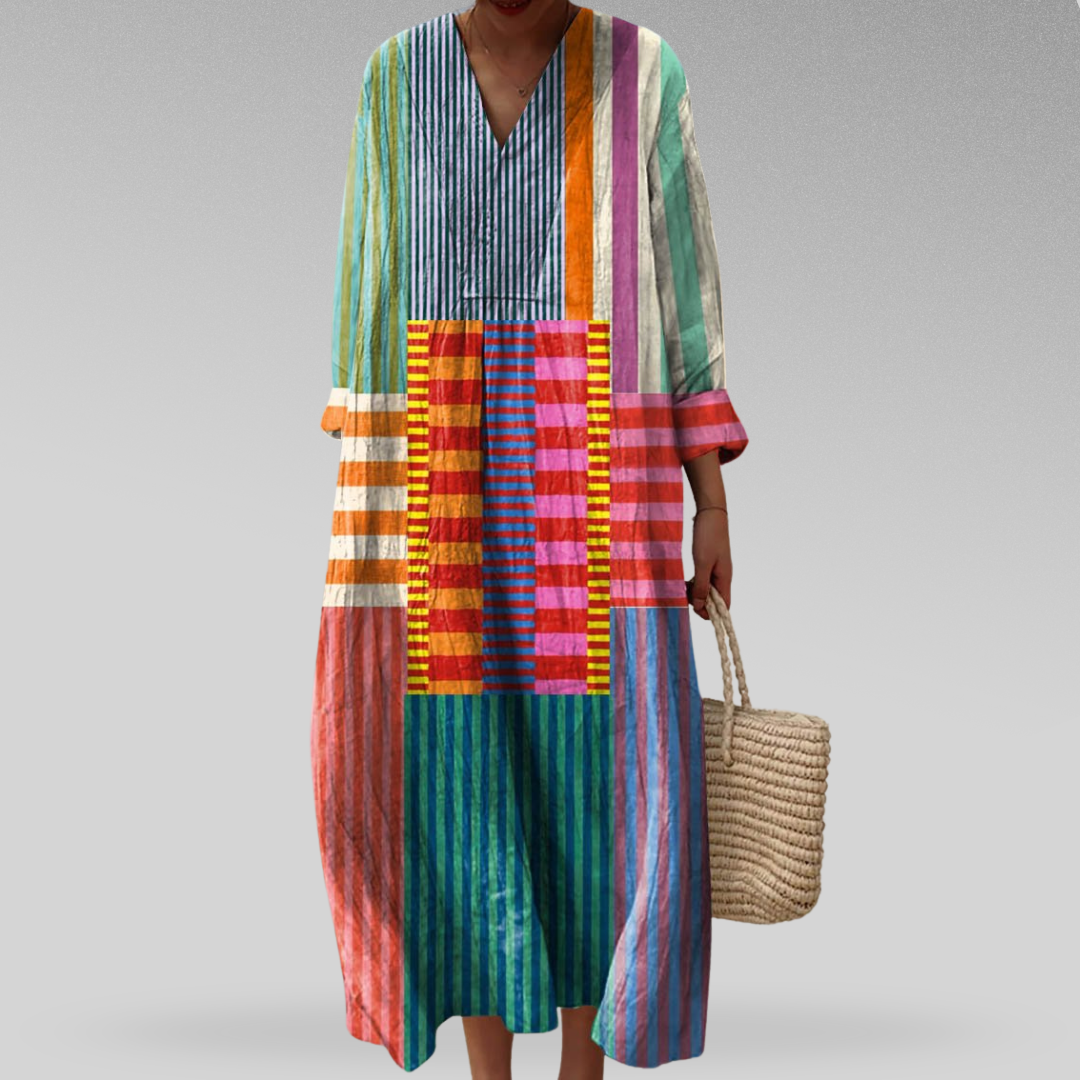 Abito da donna con motivo a righe patchwork e scollo a V