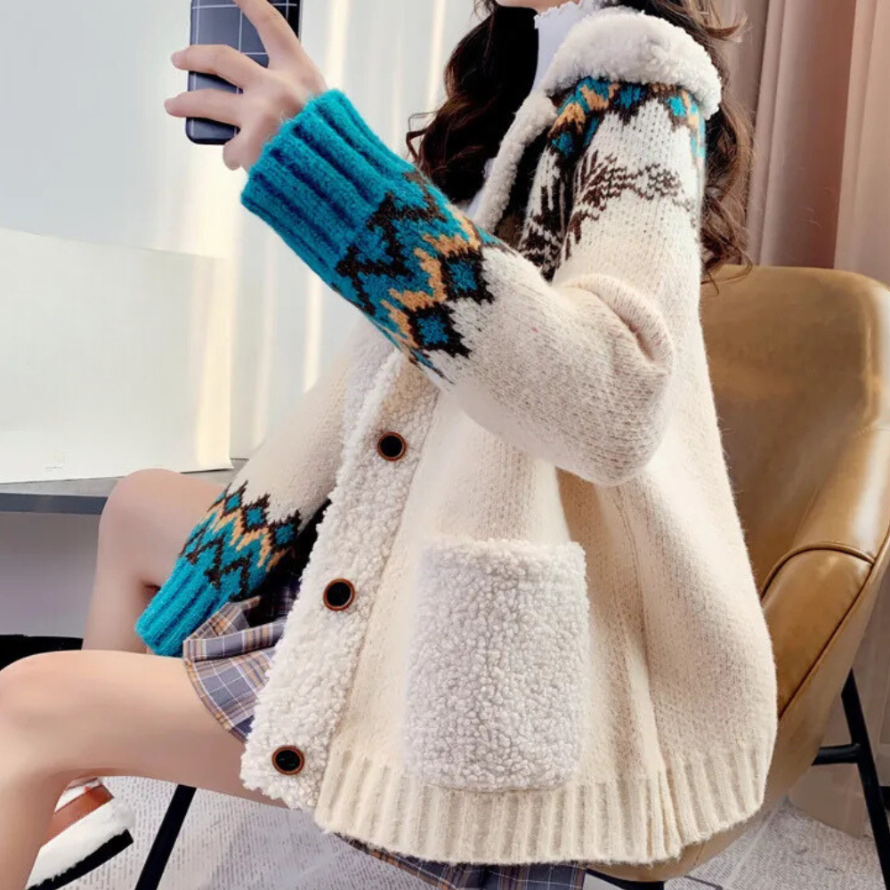 Knitted Winter Gilet with Buttons, Fleece Collar and Pockets for Women