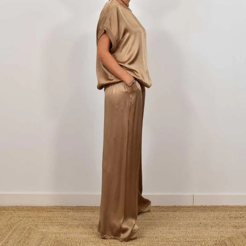 Ladies Two-Piece Satin Set with Top and Wide Trousers