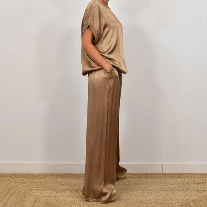 Ladies Two-Piece Satin Set with Top and Wide Trousers