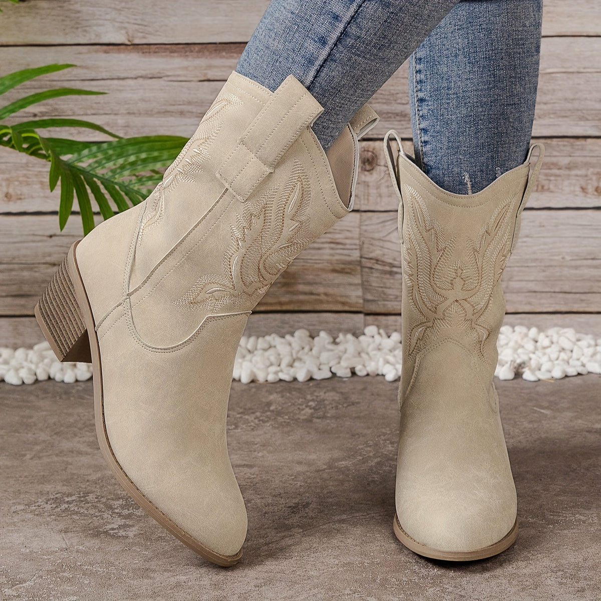 Ladies Beige Western Cowboy Boots Calf High with Block Heel and Side Zip
