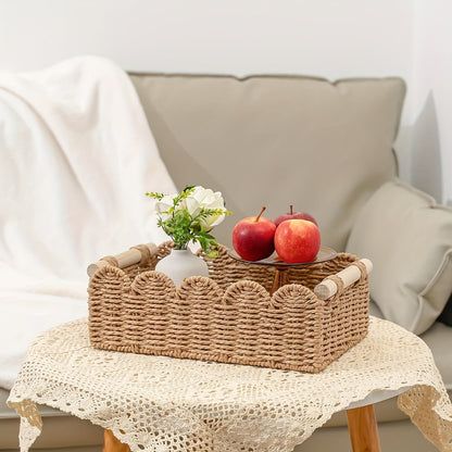 Cesta de almacenamiento tejida de estilo bohemio con borde en forma de abanico – Decorativa y práctica para cualquier interior