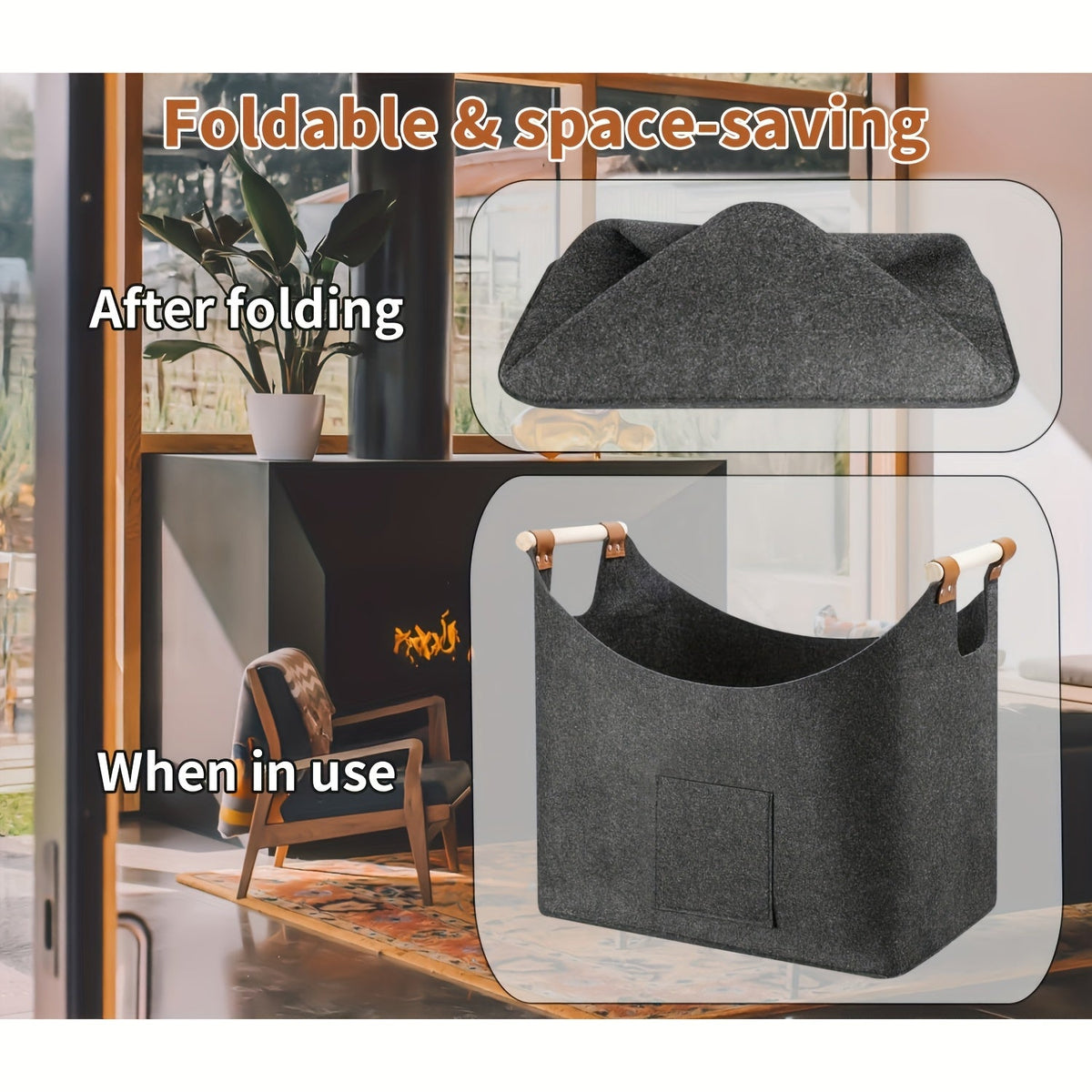 Foldable Felt Log Basket XL with Wooden Handles – Sustainable and Stylish Wood Carrier for Indoor Use