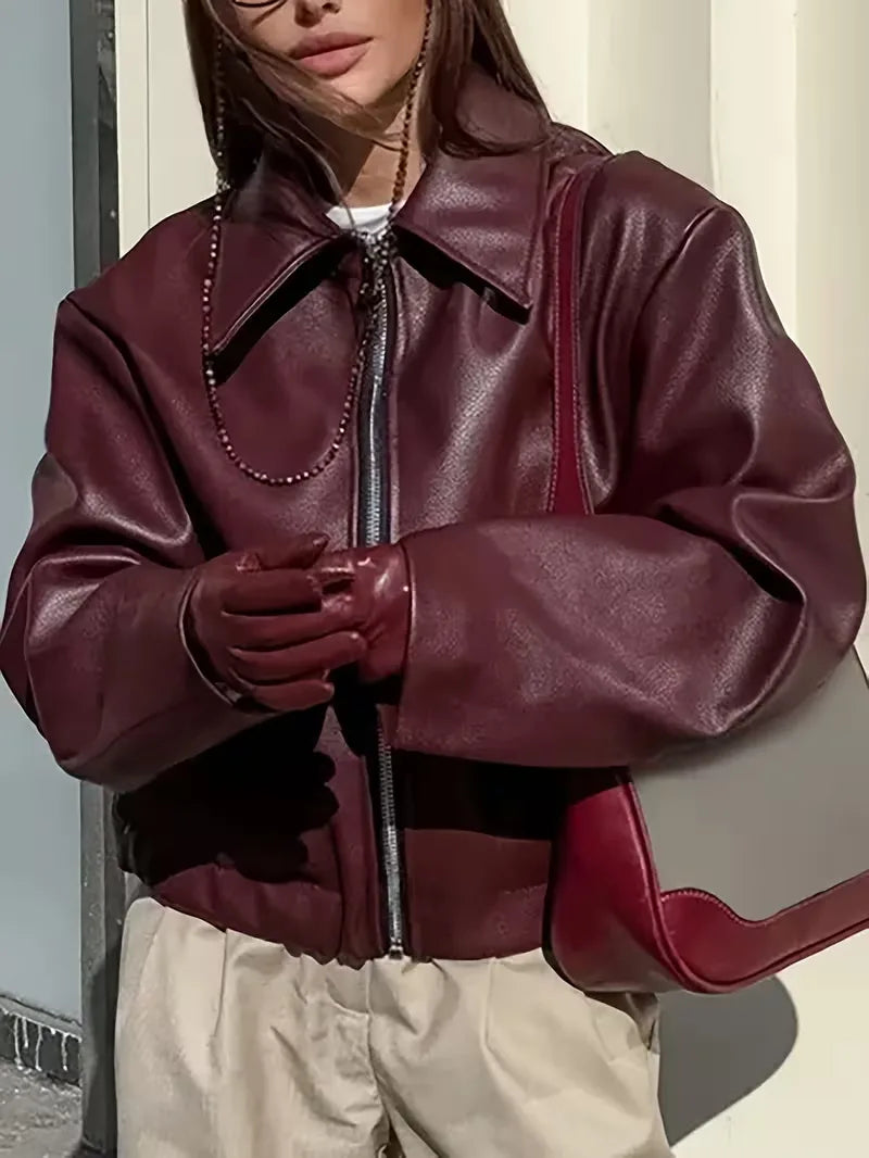 Leather jacket with wide collar
