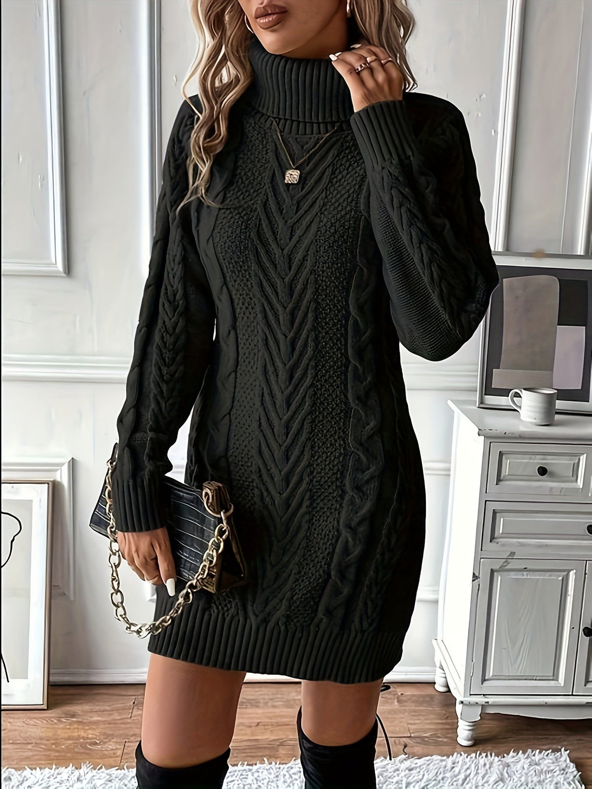 Chic Col Mini Sweater Dress for Women with Cable Pattern