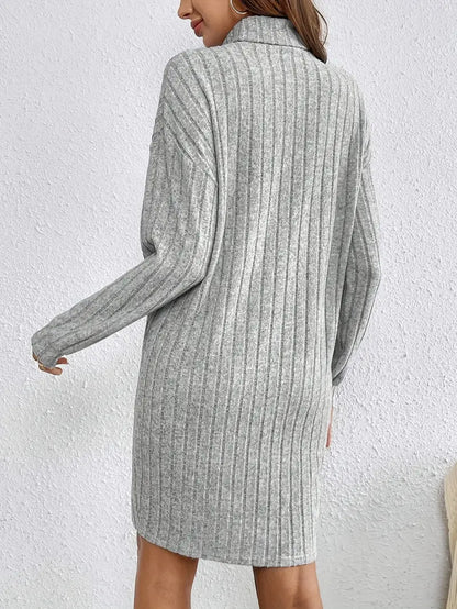 Trendy Ribbed Mini Sweater Dress for Women with Roll Neck and Long Sleeves